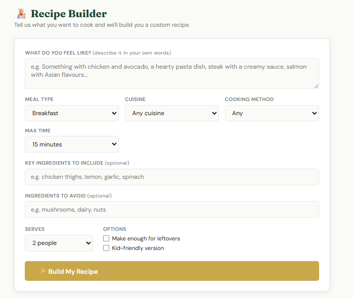 VibeMeals recipe builder